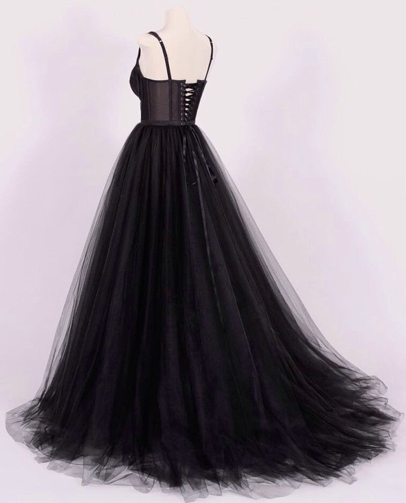 A-line Black Tulle Sweetheart Prom Dresses Lace Appliques – alinanova