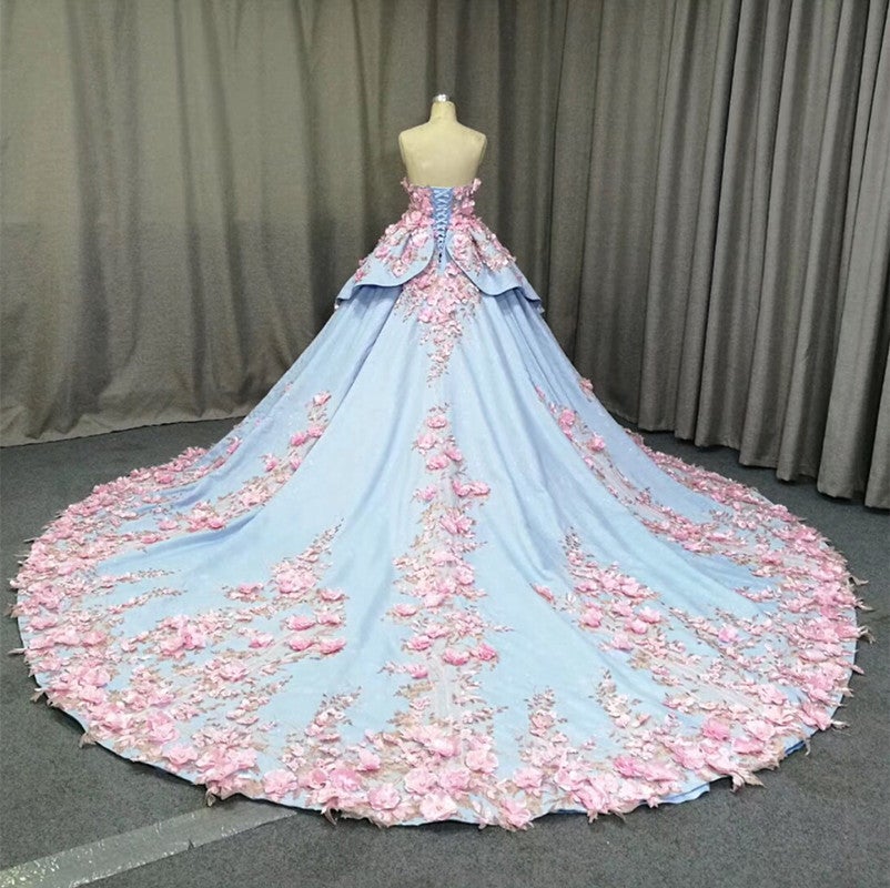 Amazing 3D Floral Lace Flower Satin Wedding Dresses Sweetheart Ball Go ...