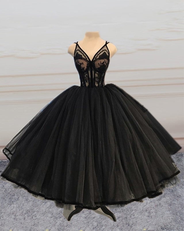 Black Tulle V-neck Midi Prom Dresses – alinanova