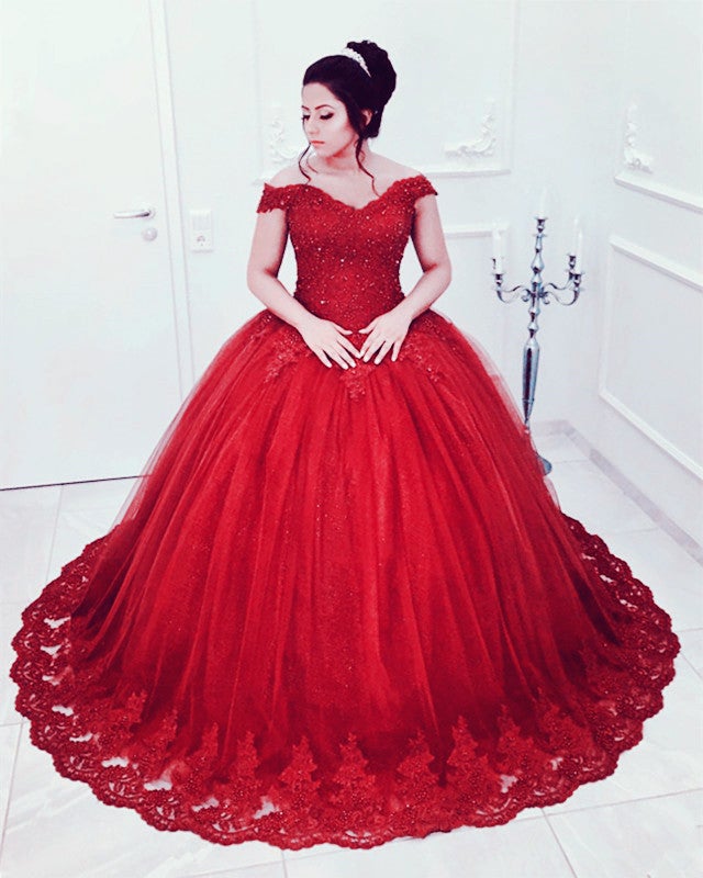 Beaded Lace V neck Off Shoulder Tulle Ball Gowns Quinceanera Dresses