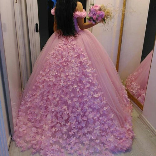 Beautiful Pink Flower Wedding Dresses Ball Gowns Off Shoulder-alinanova