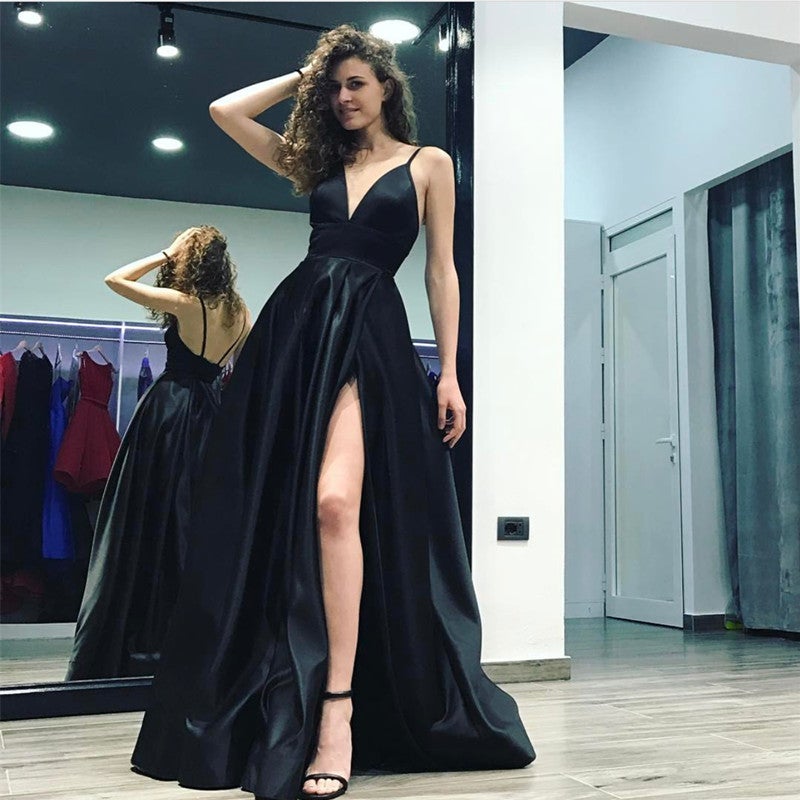 Long black satin dress best sale