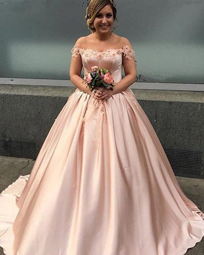 Blush Pink Satin Wedding Ball Gown Dresses