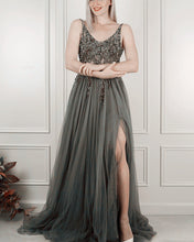 Load image into Gallery viewer, Long Tulle V Neck Split Dresses With Sequins Beaded
