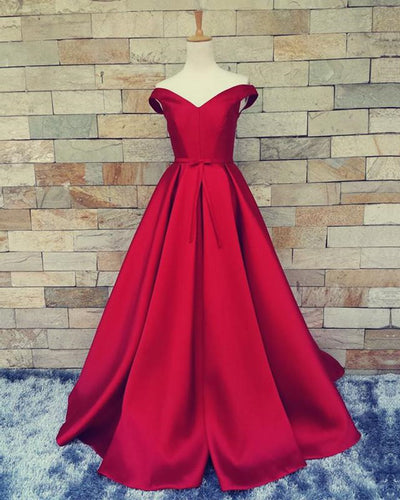 Burgundy Off The Shoulder Satin Prom Dresses