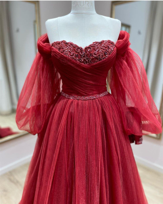 Burgundy Tulle Sweetheart Puffy Sleeves Prom Dresses alinanova