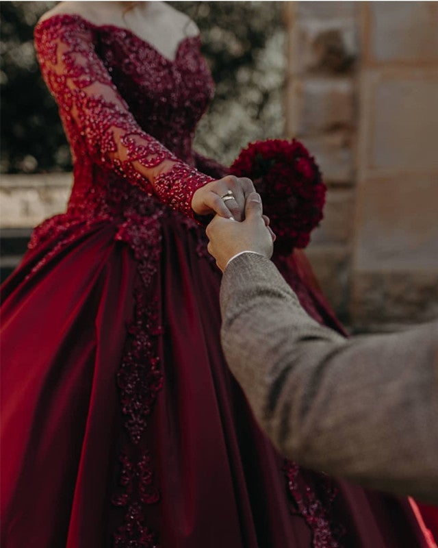 Burgundy Wedding Dresses Lace Off Shoulder Ball Gown – alinanova