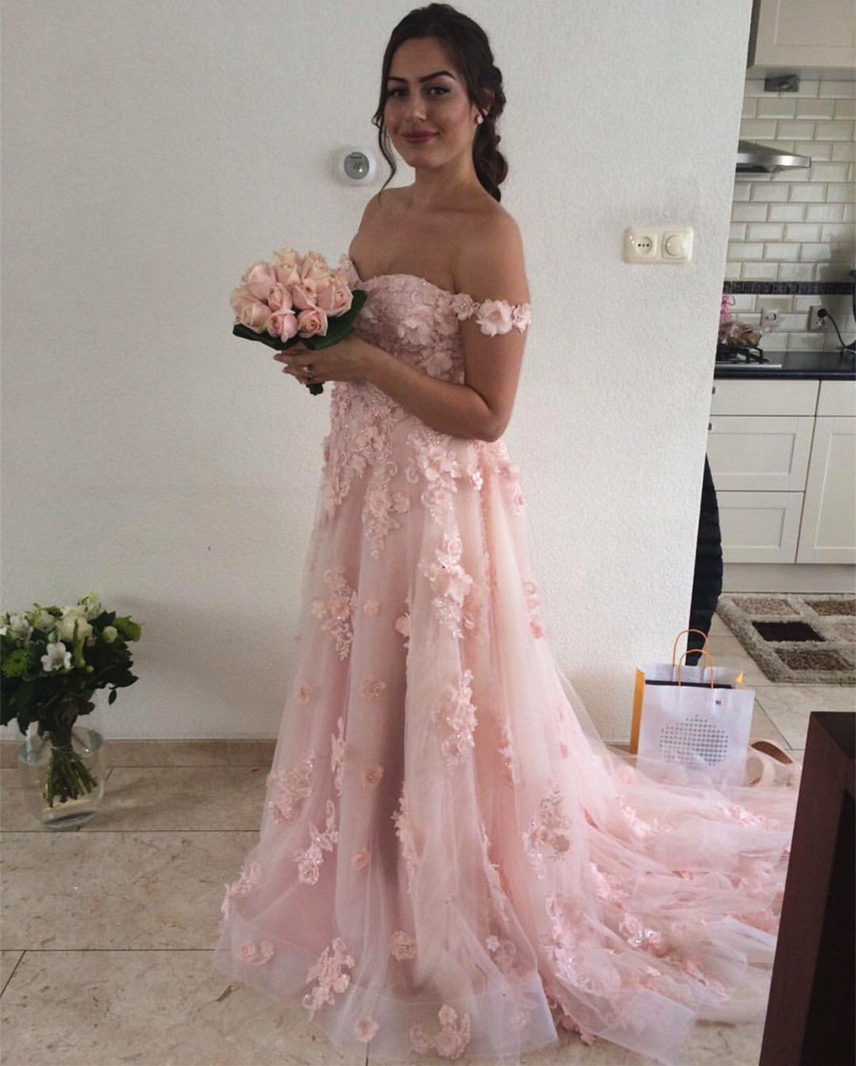 Elegant Lace Off Shoulder Long Tulle Evening Gown For Engagement Party alinanova