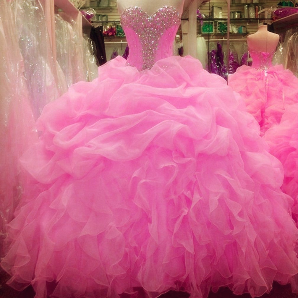 Crystal Beaded Sweetheart Organza Layered Ball Gowns Quinceanera Dress ...