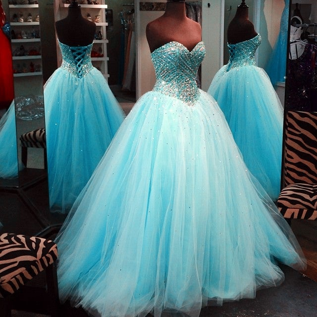 Crystal Beaded Sweetheart Tulle Ball Gowns Prom Quinceanera Dresses ...