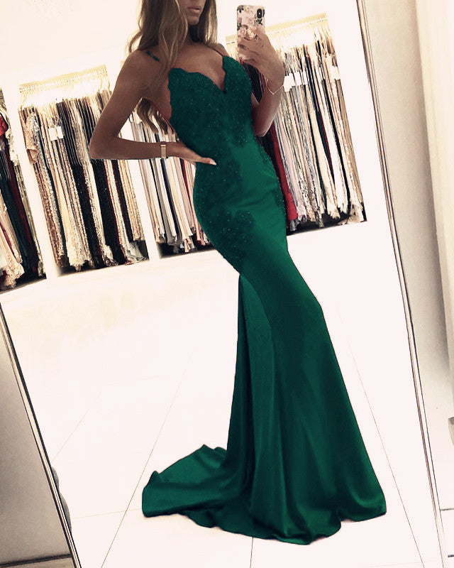 Emerald Green Mermaid Appliques Prom Dresses Satin V Neck – alinanova
