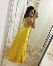 Load image into Gallery viewer, Elegant Lace Appliques Nude Back Chiffon Evening Dress Floor Length Prom Gowns
