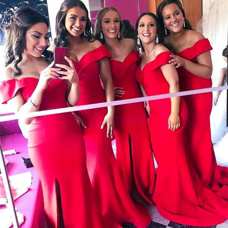 Bridal Party Dresses Long Satin Off Shoulder Mermaid Bridesmaids Dress ...