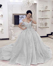 Load image into Gallery viewer, Silver Wedding Dresses Off The Shoulder Organza Ball Gown
