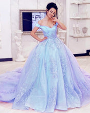 Load image into Gallery viewer, Light Blue Prom Dresses Ball Gown Lace Appliques
