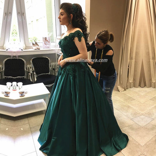 Emerald Green Satin Engagement Dresses Lace Off Shoulder Prom Dress Ball Gowns-alinanova