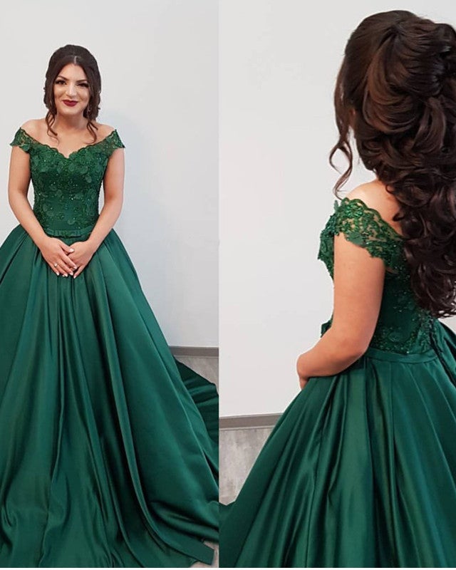 Emerald Green Ball Gown Satin Prom Dresses Lace Flowers Off Shoulder –  alinanova