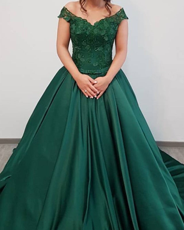 Green Wedding Dress Ball Gown Lace Off The Shoulder – alinanova