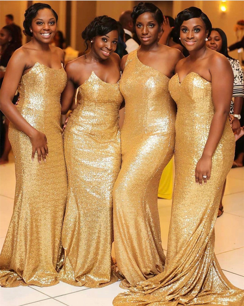 Glitter Gold Sequins Strapless Bridesmaid Dresses Mermaid alinanova