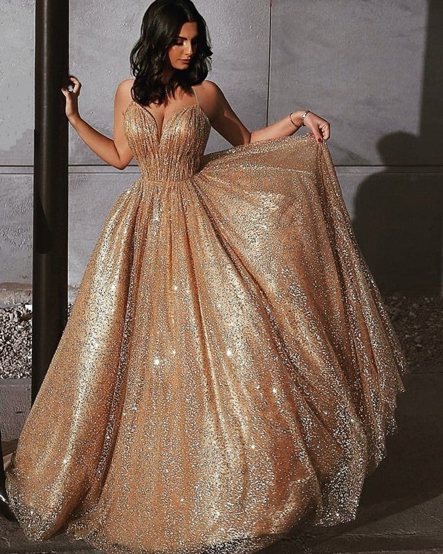 Glitter Tulle Prom Dresses V Neck Floor Length – alinanova