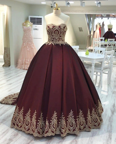 Gold Lace Edge Sweetheart Wine Red Ball Gowns-alinanova