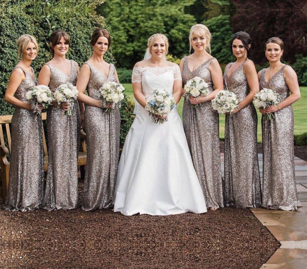 Gray Sequins V neck Long Mermaid Bridesmaid Dresses alinanova