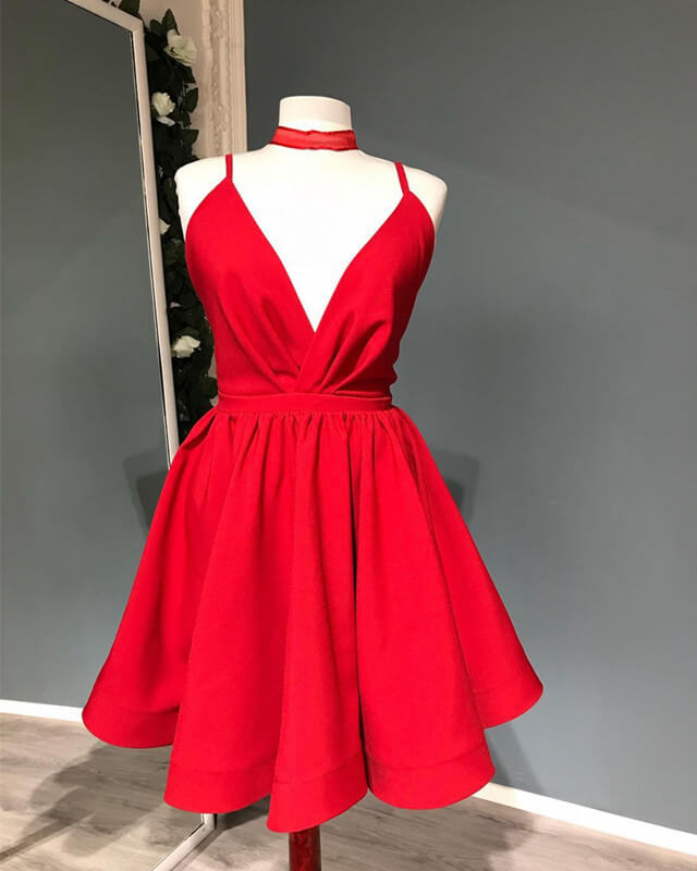 Short Red Plunging Satin Dress For Homecoming Party – alinanova