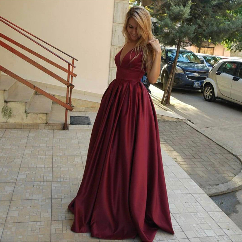 Burgundy Satin V Neck Long Evening Gowns For Wedding Party-alinanova