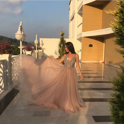 Peach And Grey Tulle V Neck Prom Long Dresses With Sequins Beaded-alinanova