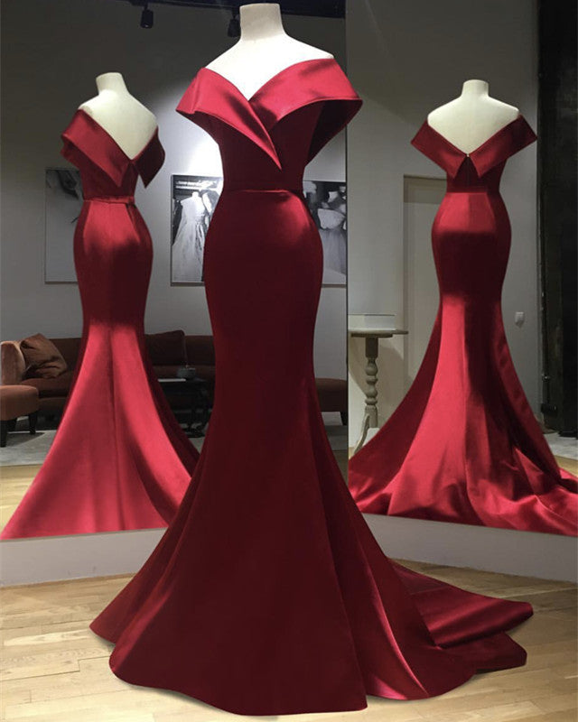 Burgundy Satin Mermaid Off The Shoulder Prom Dresses – alinanova