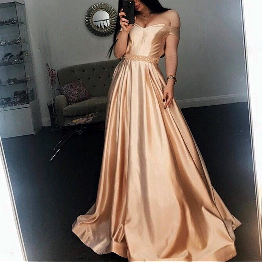 Long Champagne V Neck Evening Dress Off Shoulder Prom Gowns – alinanova