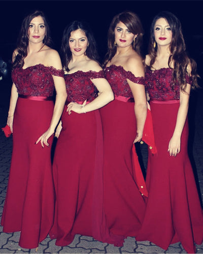 Burgundy Bridesmaid Dresses Mermaid Sweetheart Off Shoulder Formal Gowns-alinanova