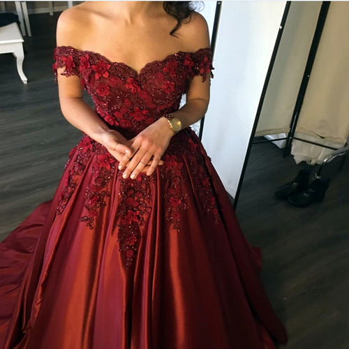 Elegant Flower And Lace Appliques V Neck Satin Prom Dresses-alinanova