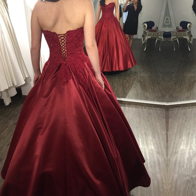 Lace Appliques Long Satin Burgundy Wedding Dresses Ball Gowns – alinanova