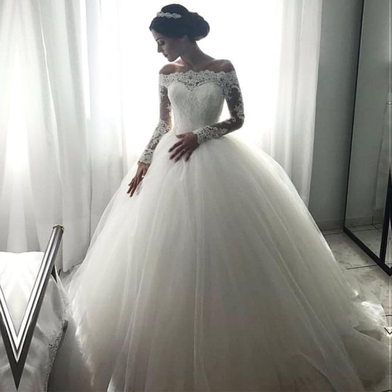 Lace Long Sleeves Tulle Ball Gowns Wedding Dresses Off The Shoulder ...
