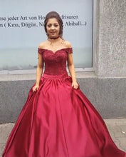 Load image into Gallery viewer, Lace Off Shoulder Burgundy Satin Wedding Dress Ball Gown
