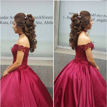 Load image into Gallery viewer, Lace Off Shoulder Burgundy Satin Wedding Dress Ball Gown
