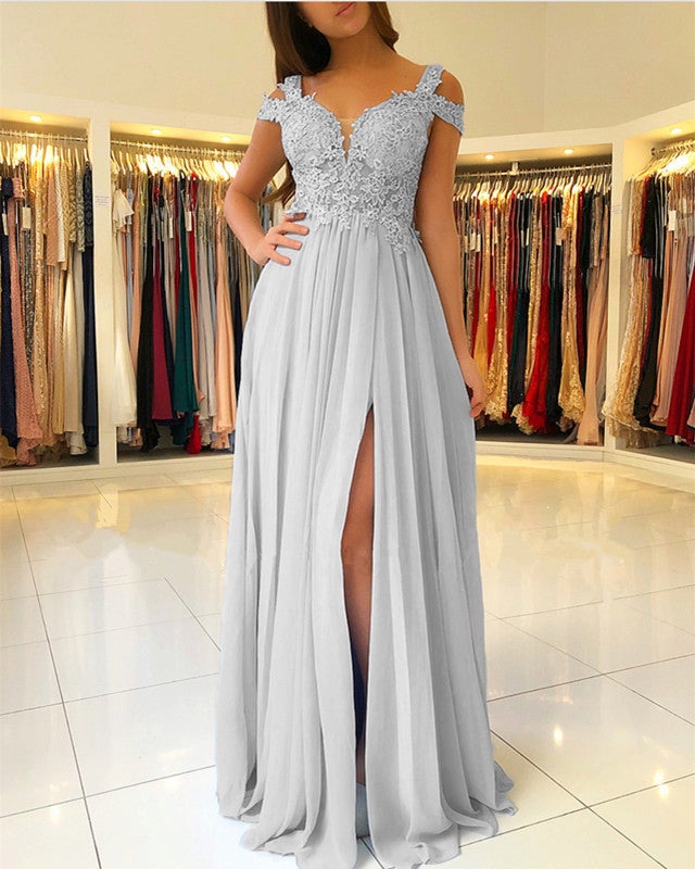 Blue chiffon shops prom dress