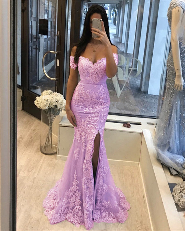 Sexy Mermaid Slit Dress Lace Off The Shoulder Prom Gowns alinanova