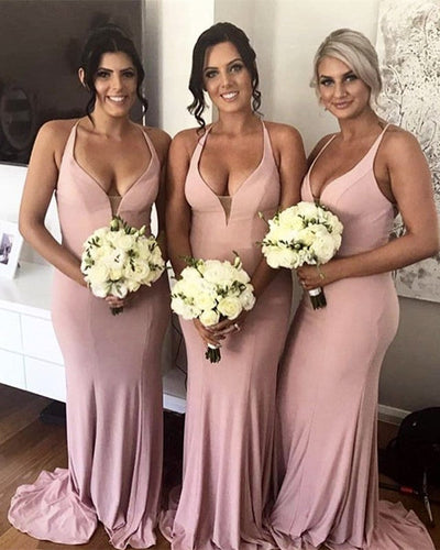 Long Jersey Halter Mermaid Backless Bridesmaid Dresses-alinanova