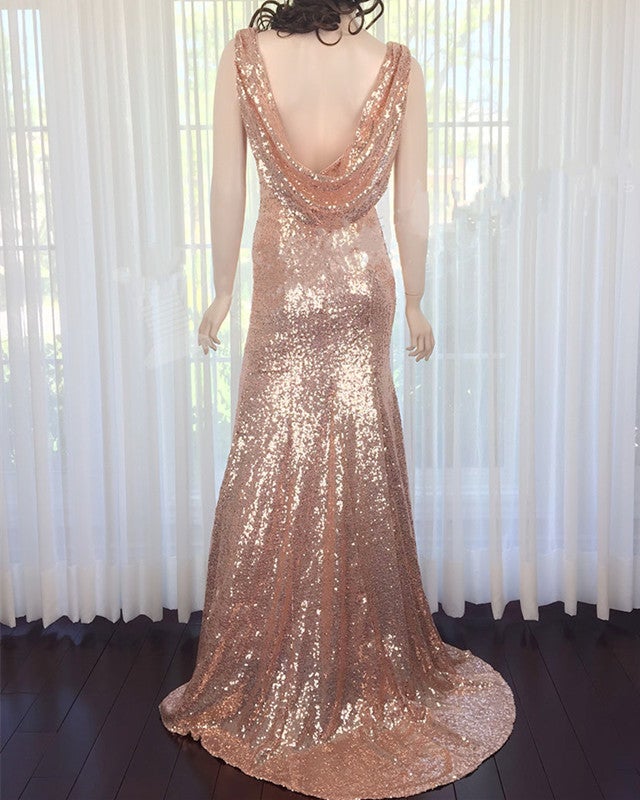 Long Rose Gold Sequins Prom Dresses Mermaid V Neck Evening Gowns Alinanova 9353