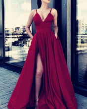 Load image into Gallery viewer, Long Satin Burgundy Evening Gowns With Slit
