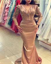 Load image into Gallery viewer, Long Sleeve Mermaid V Neck Satin Dresses
