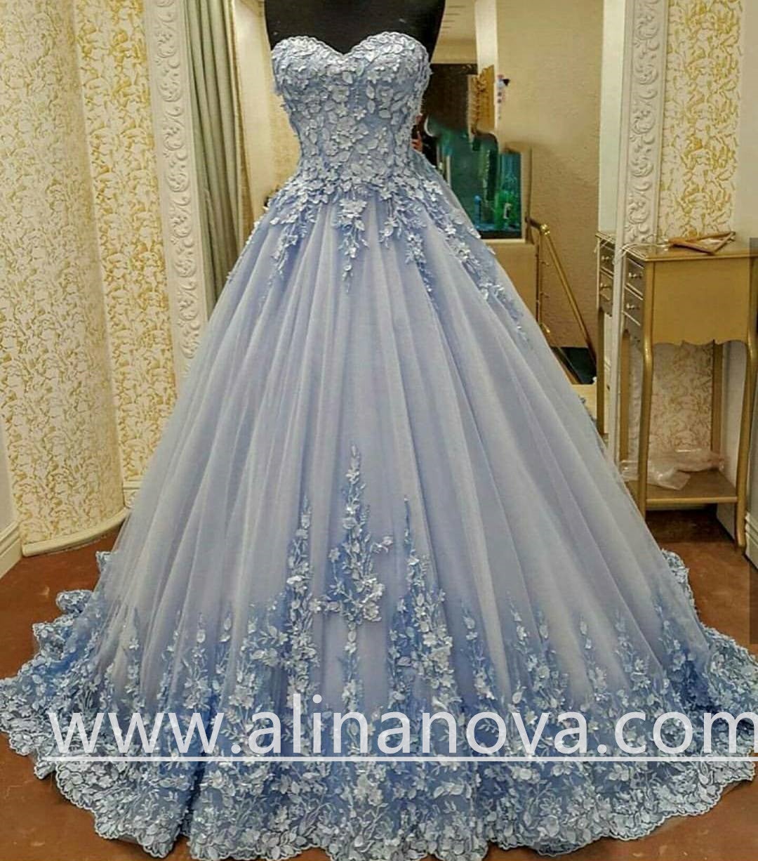 elegant lace flower tulle quinceanera dresses light blue ball gowns ...