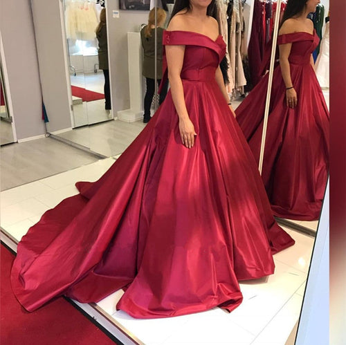 Maroon Satin V Neck Off Shoulder Ball Gown Prom Dresses-alinanova