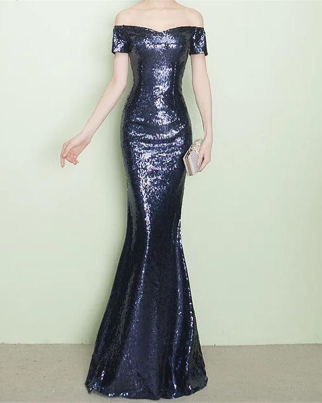 Mermaid Sequin Bridesmaid Dresses V-neck Off Shoulder – alinanova