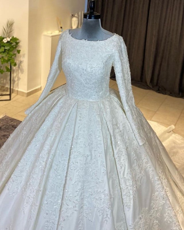 Modest Applique Satin Wedding Dress Long Sleeve – alinanova