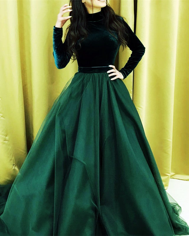 Modest Green Prom Dresses Long Sleeve Ball Gown – alinanova