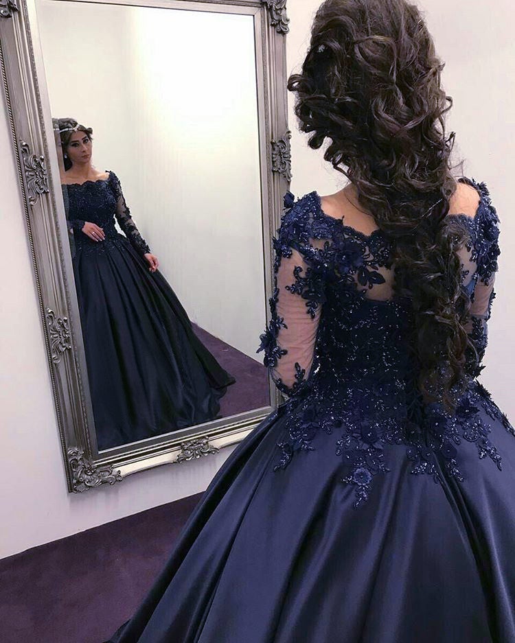 Navy Blue Satin Wedding Dresses Ball Gowns Lace Long Sleeves – alinanova