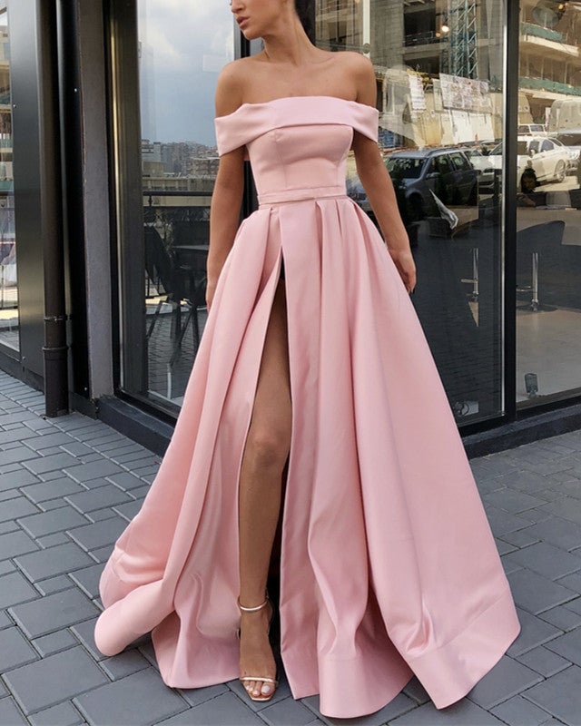 Off Shoulder Evening Gowns Satin Leg Split Prom Long Dresses alinanova